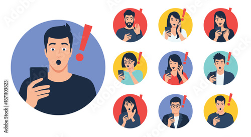 Diverse group of people showing surprised and shocked expressions while looking at notifications on their smartphones.