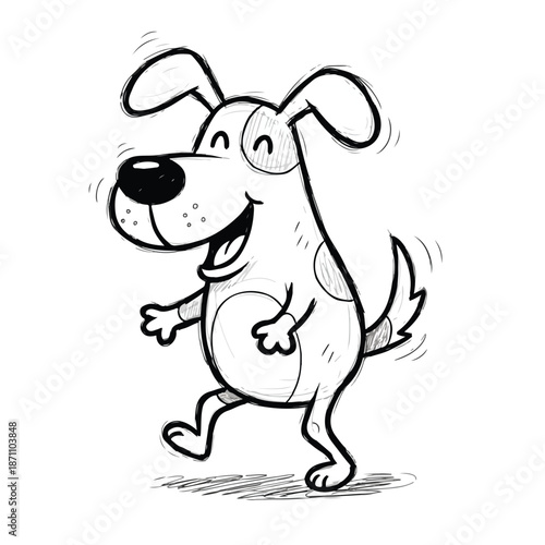A cheerful cartoon dog running with motion lines on a white background with a playful mood.