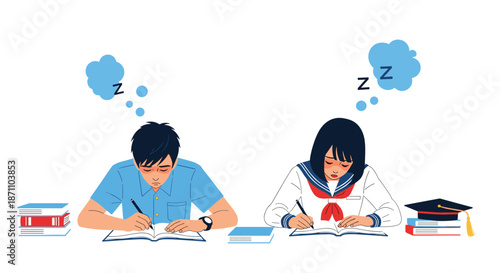 Male and female students looking exhausted and falling asleep over their books while studying for exams at a desk.