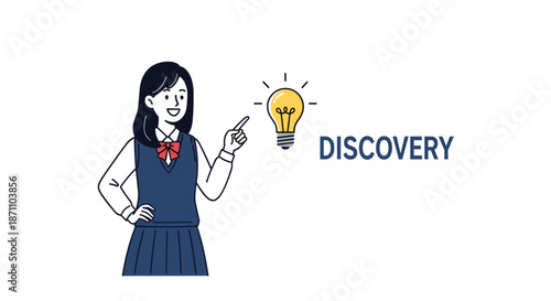 Smiling schoolgirl in blue uniform pointing at a glowing light bulb next to the word discovery to represent a new idea.