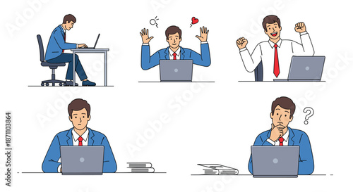 Set of illustrations showing a businessman in various emotional states while working on his laptop at a desk.