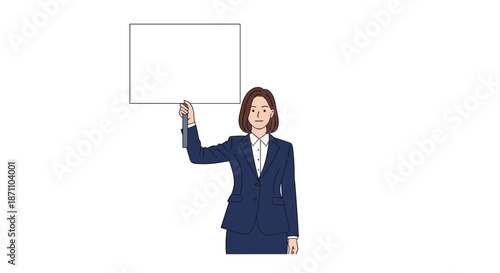 Serious professional businesswoman in a dark blue suit holding a blank white sign board above her head for a message.