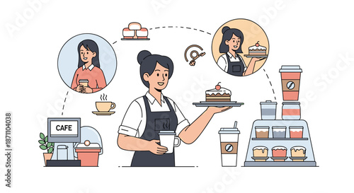 Friendly female barista in an apron serving coffee and cake in a cozy modern cafe environment with customers.