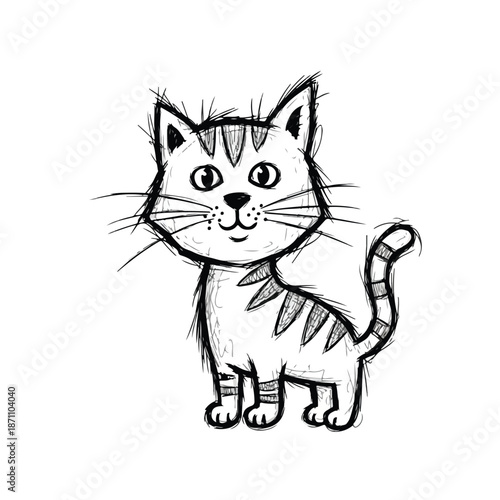 A cheerful cartoon cat with crescent moon and lanterns decorations in the background, standing on a simple white surface with a joyful mood in a cute illustration.