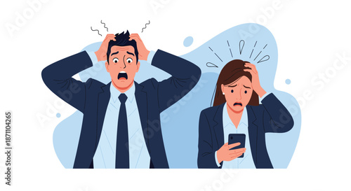 Shocked businessman and woman in suits looking at a smartphone with expressions of extreme stress and panic.