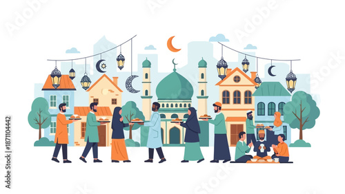 Ramadan Community Sharing Iftar Food in Neighborhood Illustration