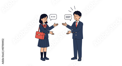 Male and female students in school uniforms standing and having a friendly conversation together with speech bubbles.