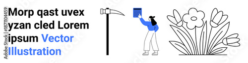 Gardening, horticulture, creativity, outdoor activities, nature connection, sustainability. Person reaching towards a tool, flowers on the side. Gardening and horticulture concept