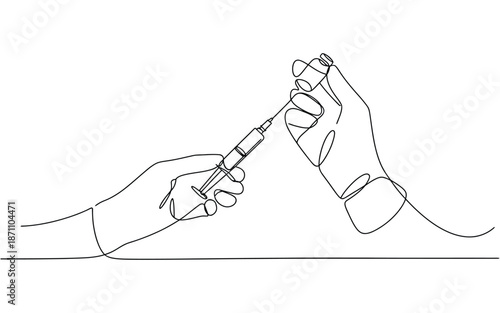 Minimalist One Line Drawing of Medical Hands Preparing Vaccine from a Vial