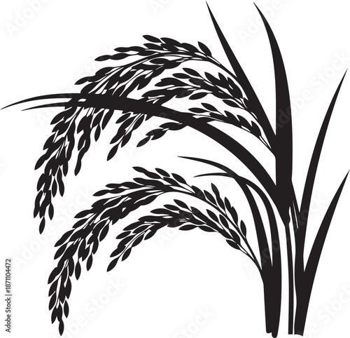 Black silhouette of rice plant with grains and leaves