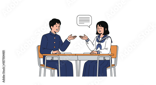 Male and female students in uniforms sitting at their school desks and talking to each other with a speech bubble.