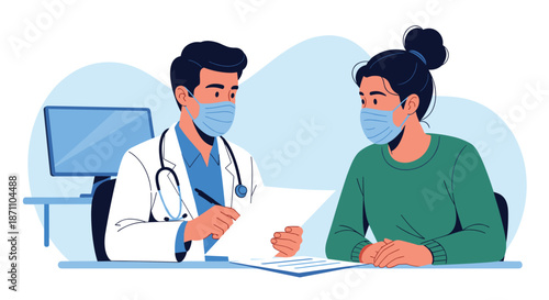 Professional male doctor in a white coat and face mask talking to a female patient about her medical test results.
