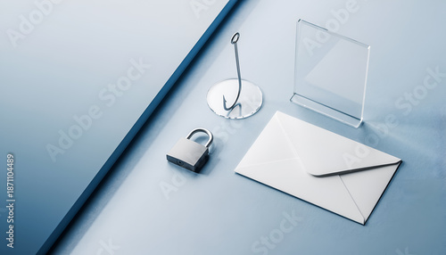 Phishing Email Security Concept with Hook, Padlock and Blank Envelope on Blue Background