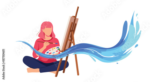 Talented female artist with pink hair sitting on the floor and painting a beautiful landscape on a canvas with a palette and brush.