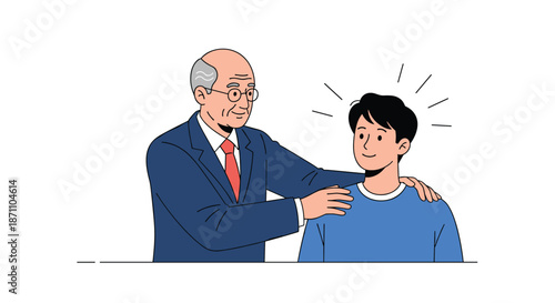 Senior businessman in a suit encouraging a young male employee by placing his hands on his shoulders in a supportive gesture.