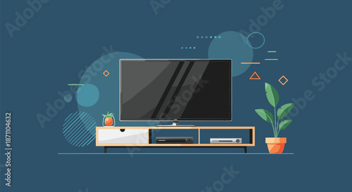 Modern living room interior design featuring a large flat screen television on a wooden stand with a green potted plant nearby.