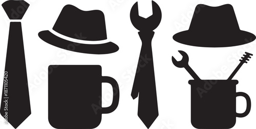 Black and white silhouette of a hat tie mug and wrench in a minimalist style