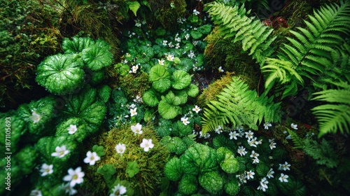 Lush green undergrowth displays vibrant foliage and scattered small white blossoms viewed from above.