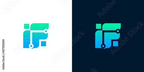 Abstract technological icon with circuit elements in blue and green gradient on white and dark backgrounds