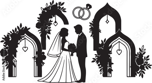 Black and white silhouette of bride and groom under floral arch with wedding rings above