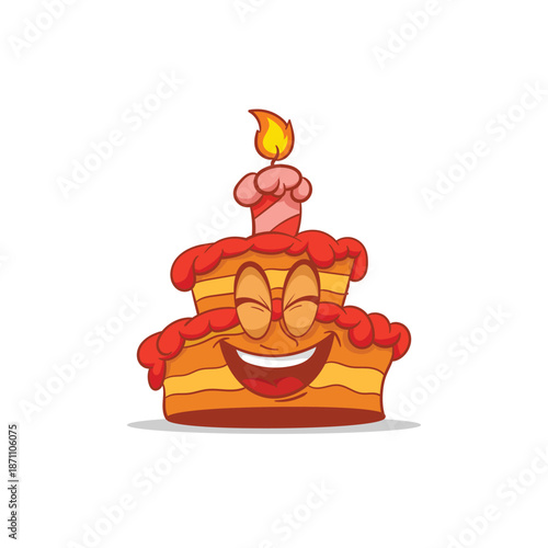 Cute happy birthday cake character mascot with a lit candle and smiling face for party celebration and anniversary vector illustration