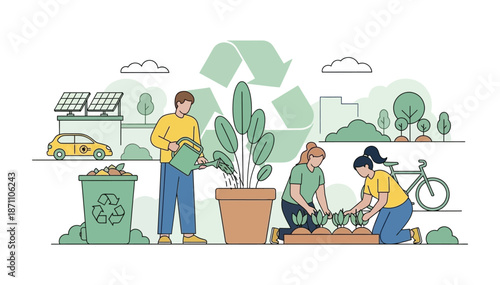 People planting watering recycling in green city with solar panels electric car and trees