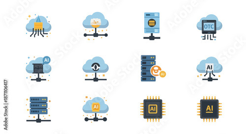 Digital Technology Icons Set: Cloud Computing Data Management AI and Server Concepts.