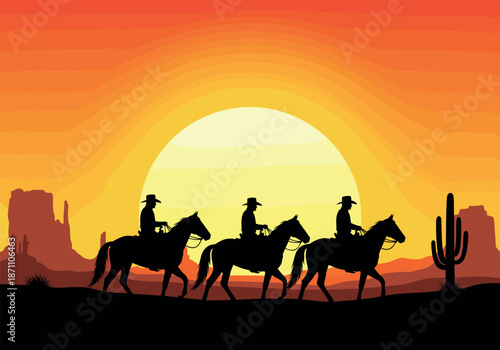 Cowboy riders silhouette in a desert sunset landscape