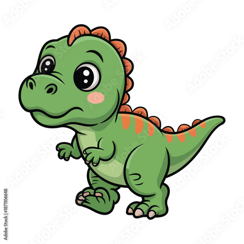 A charming cartoon dinosaur with large eyes and a playful stance is cheerfully walking forward.