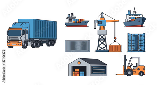 Collection of shipping and logistics elements including truck ships crane containers warehouse and forklift.