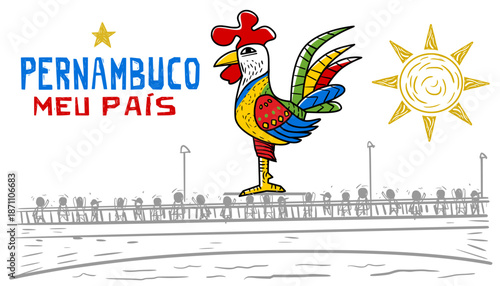 Colorful illustration of the iconic "Galo da Madrugada," symbol of Pernambuco's Carnival. Celebrating Brazilian culture and traditions.
