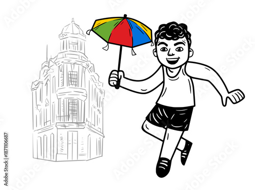 Man dancing Frevo with a colorful umbrella and historic buildings in the background. Celebrating Brazilian Carnival with vibrant energy and cultural heritage.