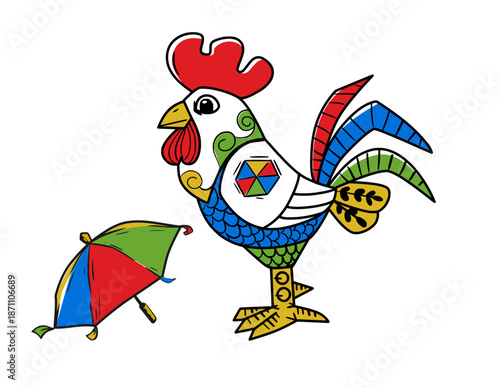 Colorful illustration of the iconic "Galo da Madrugada," symbol of Pernambuco's Carnival with umbrella. Celebrating Brazilian culture and traditions.