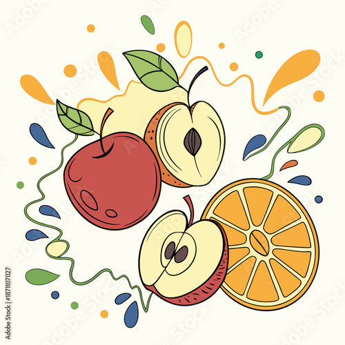 Colorful fruit splash with apples and orange slice, fresh juice concept illustration
