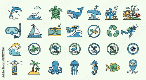 Colorful Ocean and Marine Life Icons Collection.