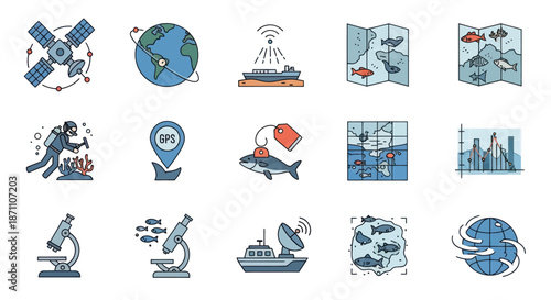 A colorful icon set illustrating marine biology oceanography and fishery research technology.