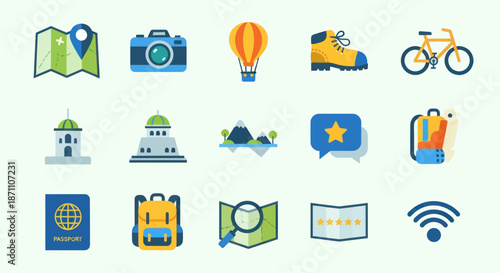 Collection of Colorful Travel and Adventure Icons.
