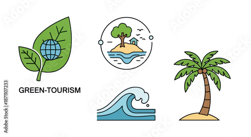 Eco-friendly tourism icons featuring globe island wave and palm tree.