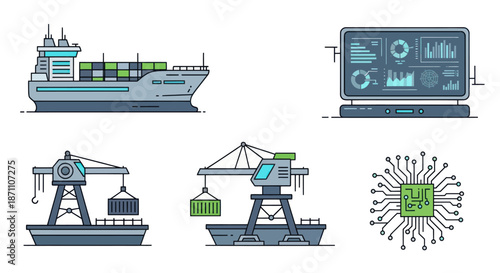 Vector Illustration of Cargo Ship with Green Containers.