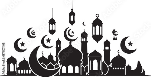 Black and white silhouette of mosque with crescent moons lanterns and stars