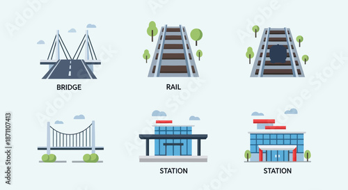 Transportation Infrastructure Icons: Bridge Rail and Station Designs.