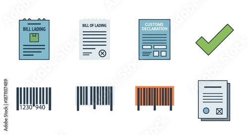 Collection of Shipping Documents Barcodes and a Checkmark Icon.