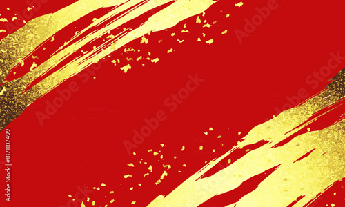 赤い紙の背景に金色の筆書きと金箔のベクターイラスト