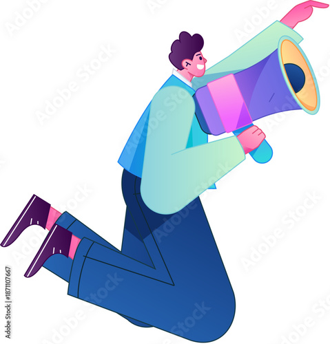 Character receiving notification messages, action poses, vector flat gradient illustration
