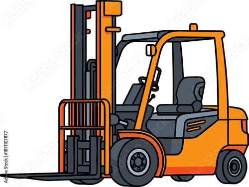 Illustration of a yellow and black forklift machine isolated on a transparent background, showcasing its structure, wheels, and operational details in a minimalistic style.