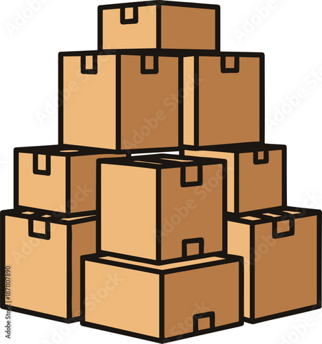 Stacked cardboard boxes in a storage setting, isolated on a transparent background, organized for moving or shipping purposes, displaying varying sizes and shapes.