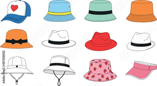 Colorful collection of various hat icons including bucket hats baseball caps and sun visors isolated on white background