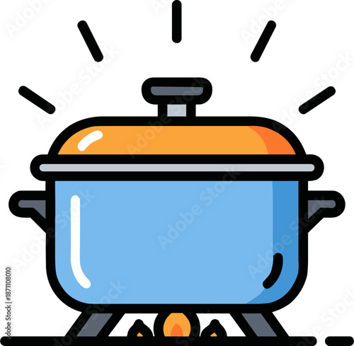 Blue Cooking Pot with Orange Lid Boiling on a Flame, Isolated on Transparent Background, Perfect for Kitchen or Culinary Designs