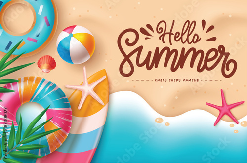 A vibrant "Hello Summer" banner featuring a sandy beach shore, gentle blue ocean waves, a colorful surfboard, inflatable swim rings, beach ball, and starfish.