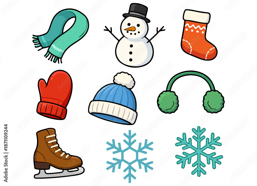 Obraz premium Winter clothing and cold weather accessories vector set - colorful icons of hat, scarf, snowman, ice skate, mittens, and earmuffs for seasonal holiday and outdoor activity design